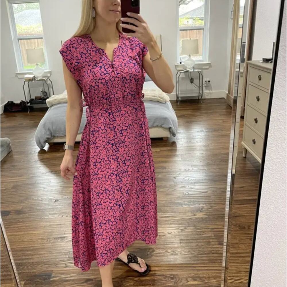 Derek Lam Pink Blue Floral Midi Dress MEDIUM Fit Flare Lightweight Designer $175 - Picture 5 of 12